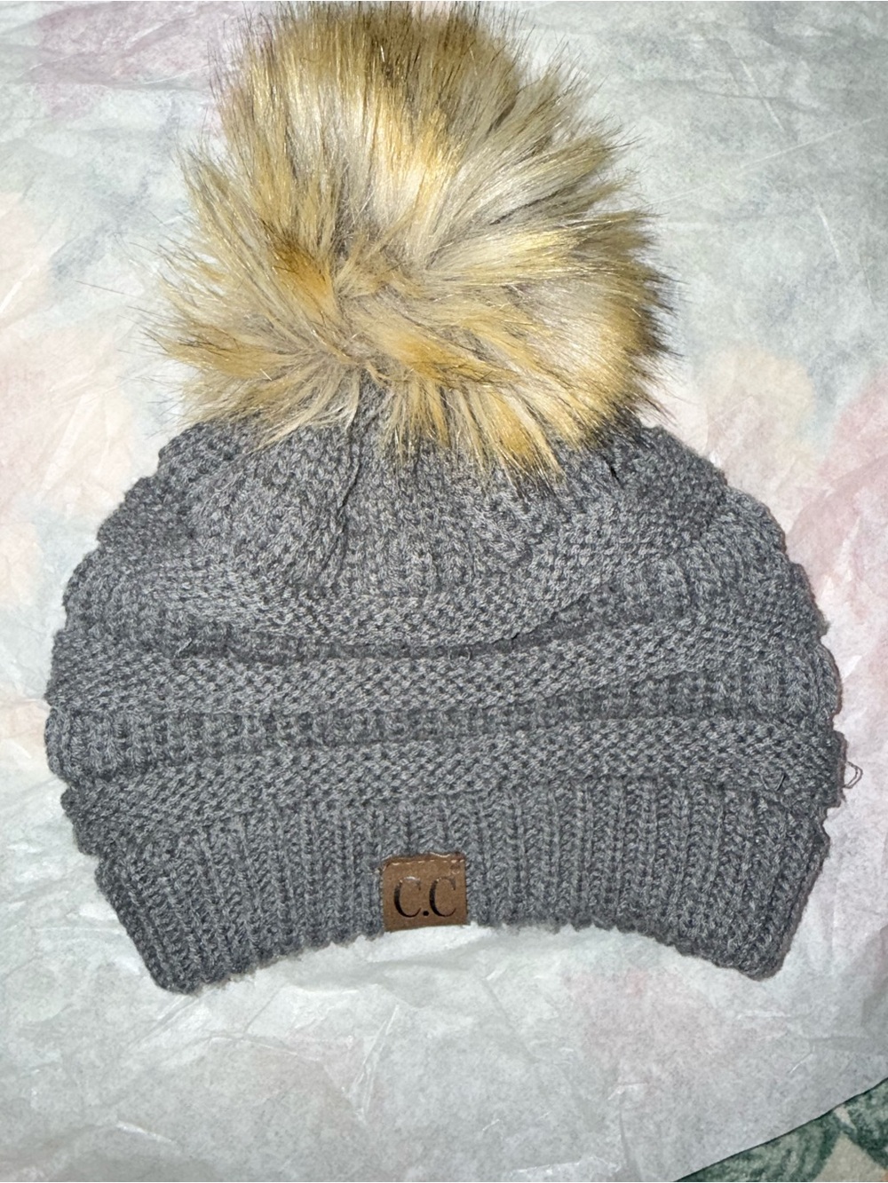 C.C Kids Gray Knit Beanie with Tan Faux Fur Pom